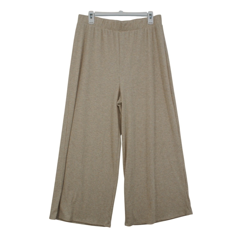 Lala Ribbed Knit Wide Leg Lounge Pants Beige Oatmeal XL Elastic Waist Relaxed